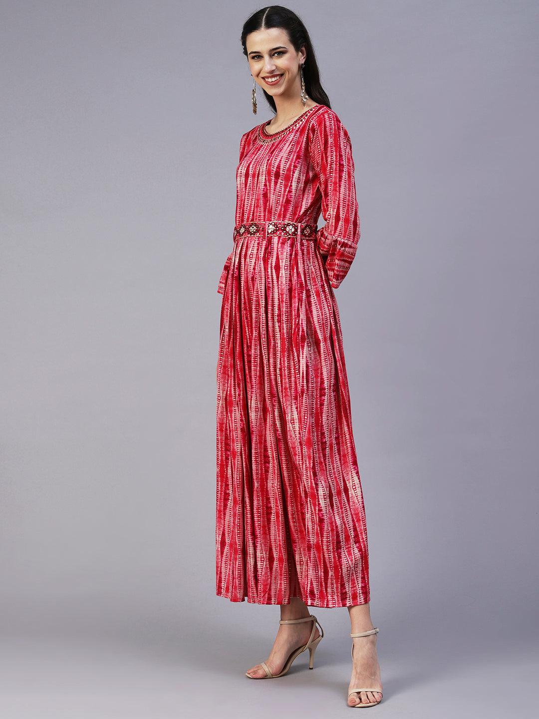 Stripes Printed & Mirror Embroidered Fit & Flare Maxi Dress - Red - Indiakreations