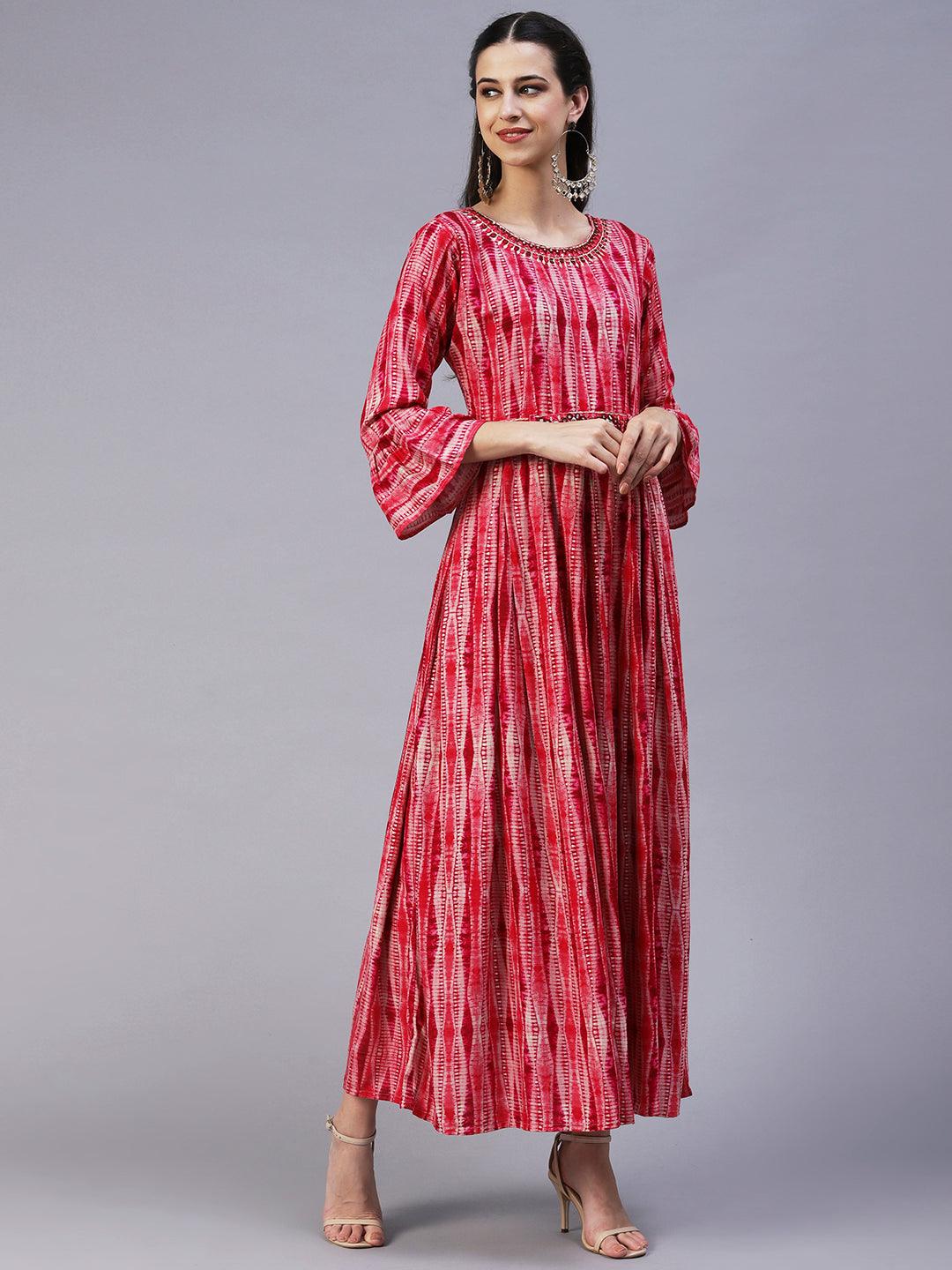 Stripes Printed & Mirror Embroidered Fit & Flare Maxi Dress - Red - Indiakreations