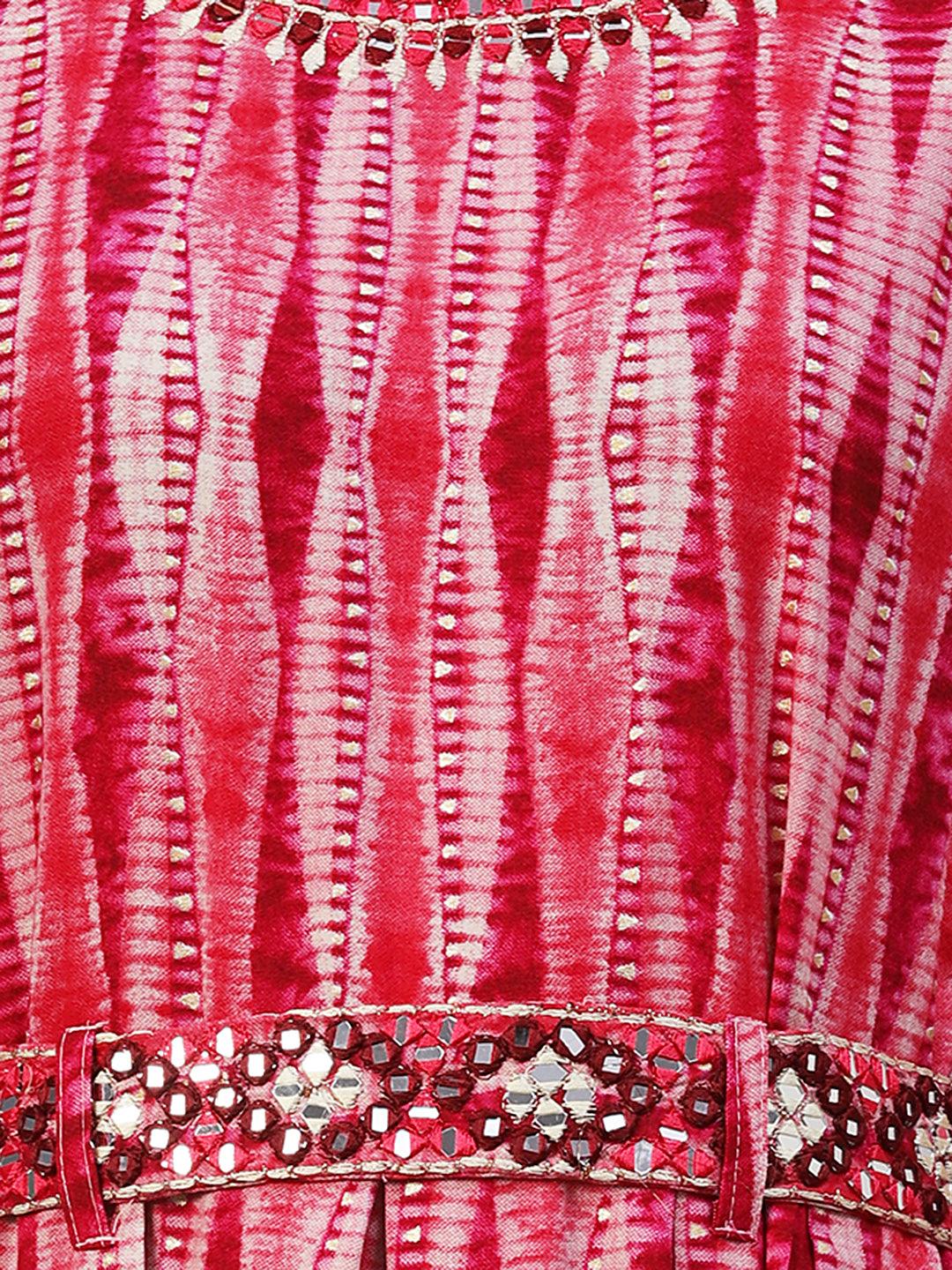 Stripes Printed & Mirror Embroidered Fit & Flare Maxi Dress - Red - Indiakreations