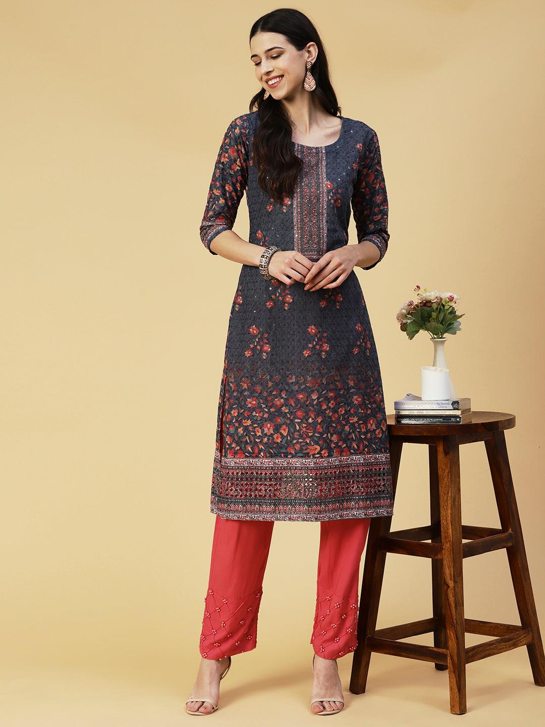 Floral Printed & Embroidered Straight Fit Kurta - Blue - Indiakreations