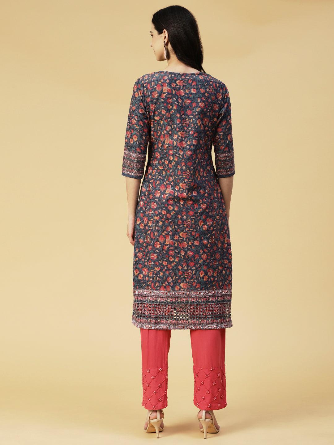 Floral Printed & Embroidered Straight Fit Kurta - Blue - Indiakreations