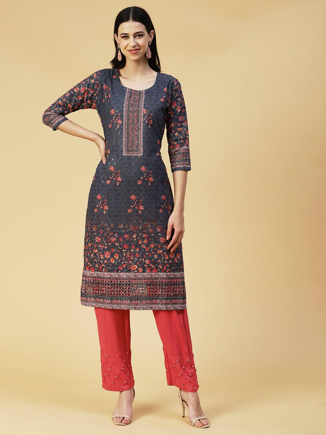 Floral Printed & Embroidered Straight Fit Kurta - Blue - Indiakreations