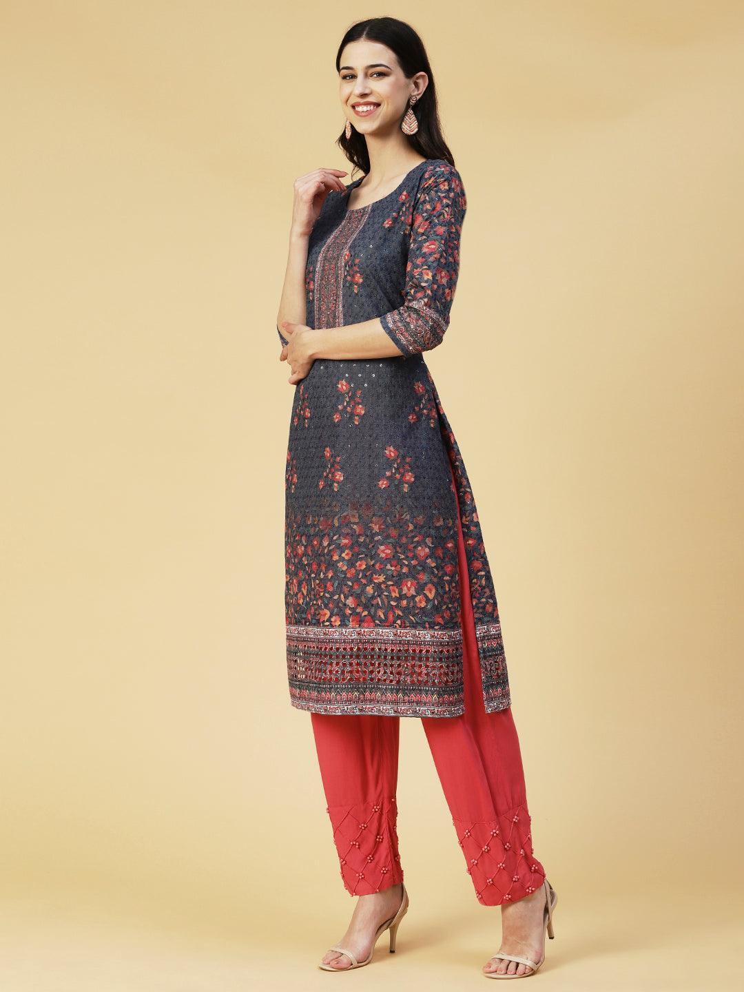 Floral Printed & Embroidered Straight Fit Kurta - Blue - Indiakreations