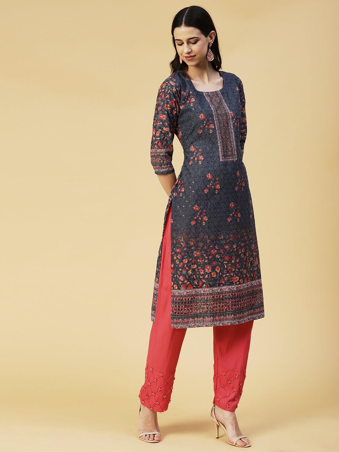 Floral Printed & Embroidered Straight Fit Kurta - Blue - Indiakreations