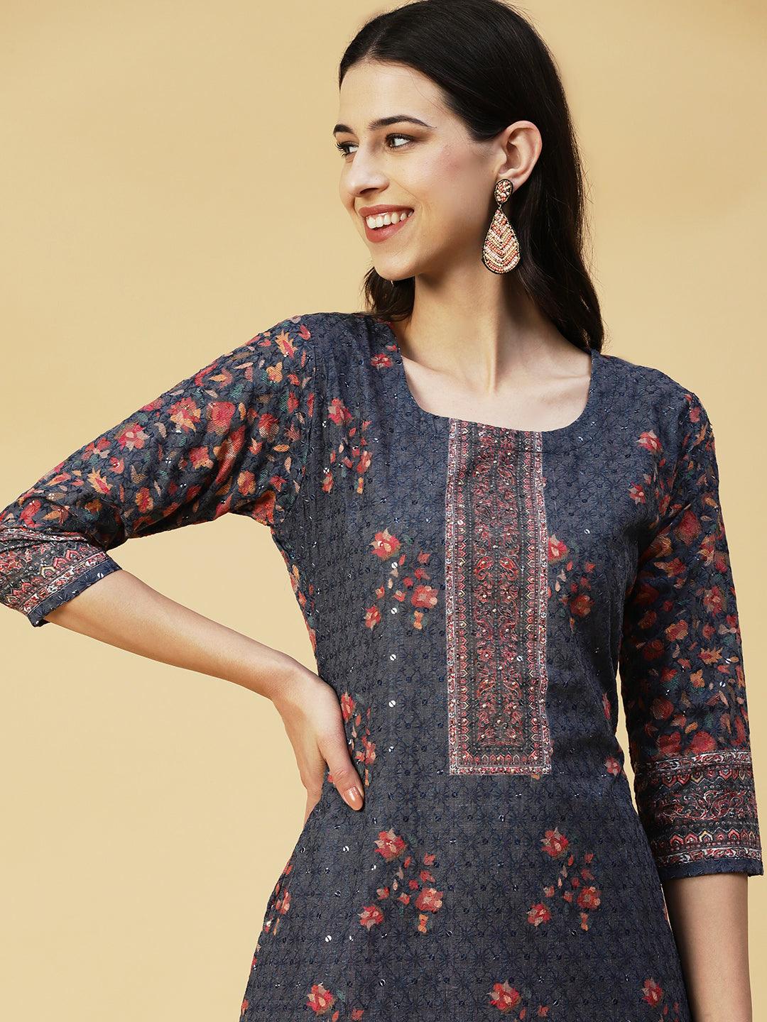 Floral Printed & Embroidered Straight Fit Kurta - Blue - Indiakreations