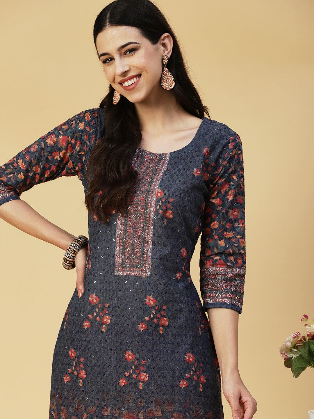 Floral Printed & Embroidered Straight Fit Kurta - Blue - Indiakreations