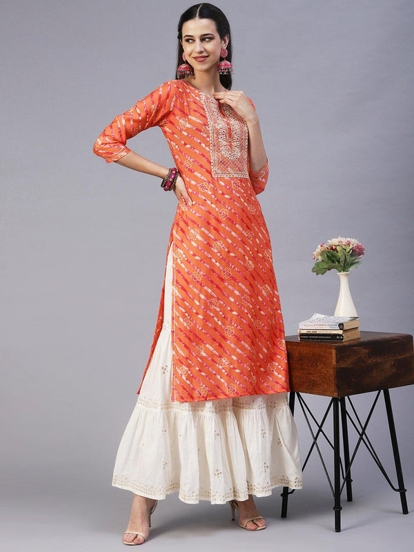 Lehriya Printed Resham Embroidered Kurta - Orange - Indiakreations