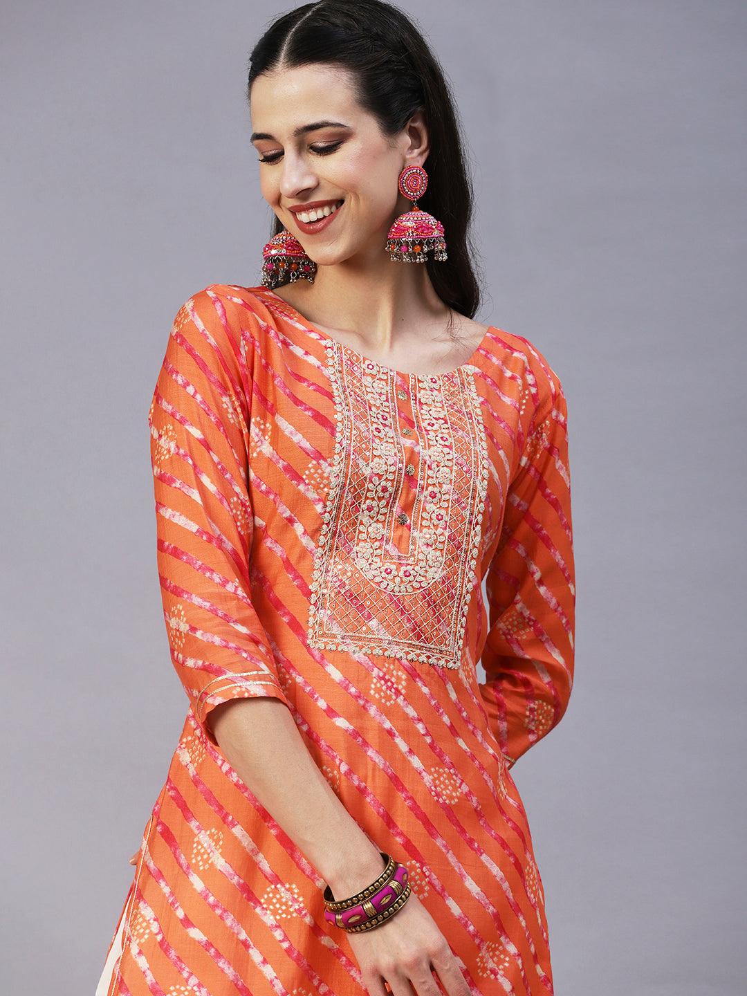 Lehriya Printed Resham Embroidered Kurta - Orange - Indiakreations