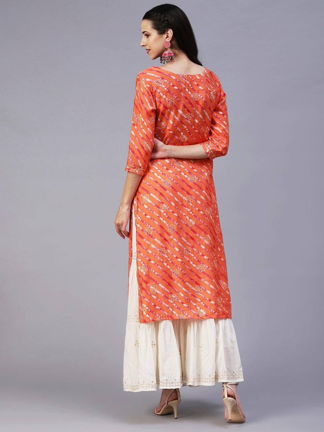 Lehriya Printed Resham Embroidered Kurta - Orange - Indiakreations