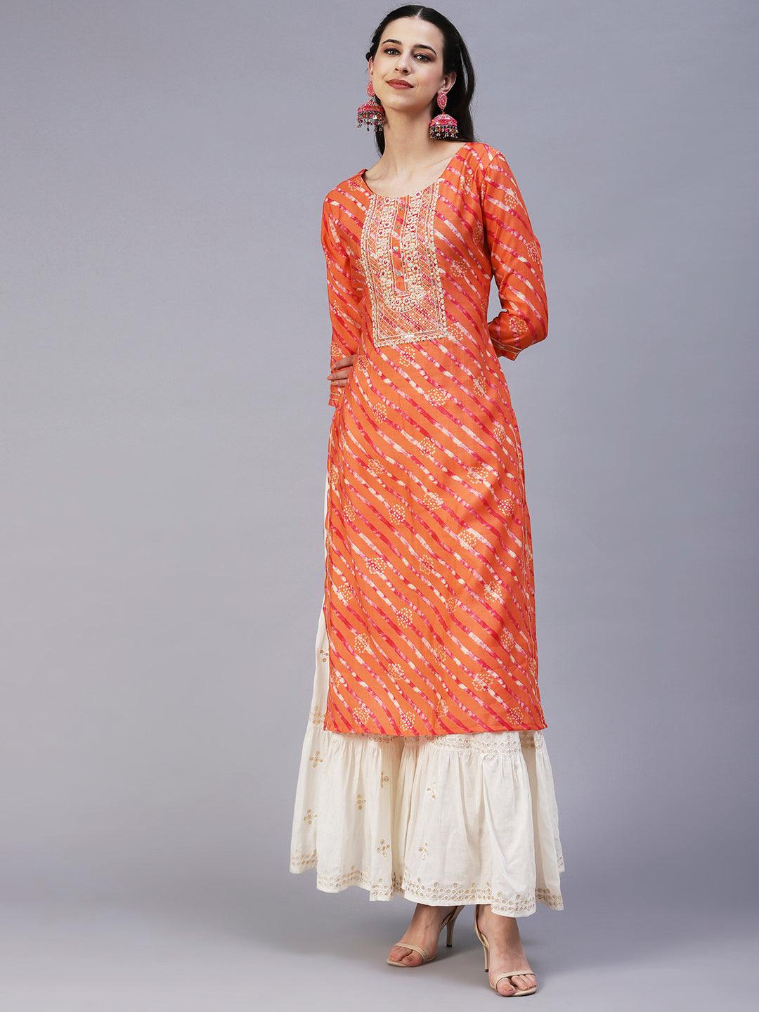 Lehriya Printed Resham Embroidered Kurta - Orange - Indiakreations