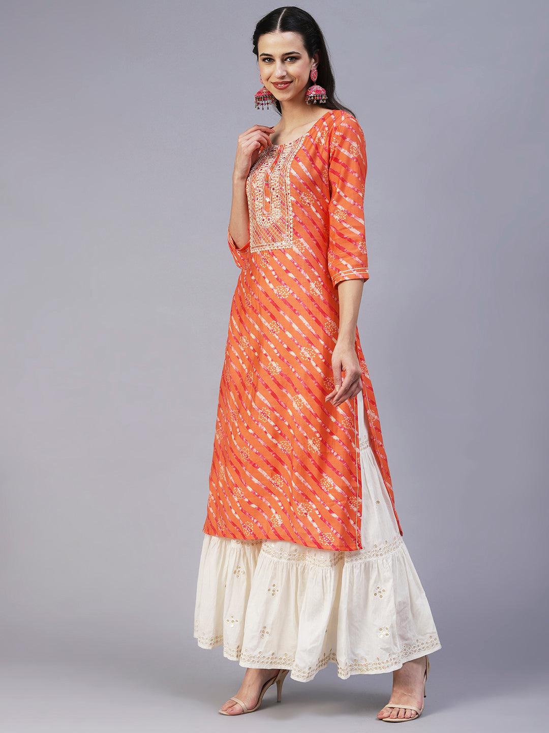 Lehriya Printed Resham Embroidered Kurta - Orange - Indiakreations