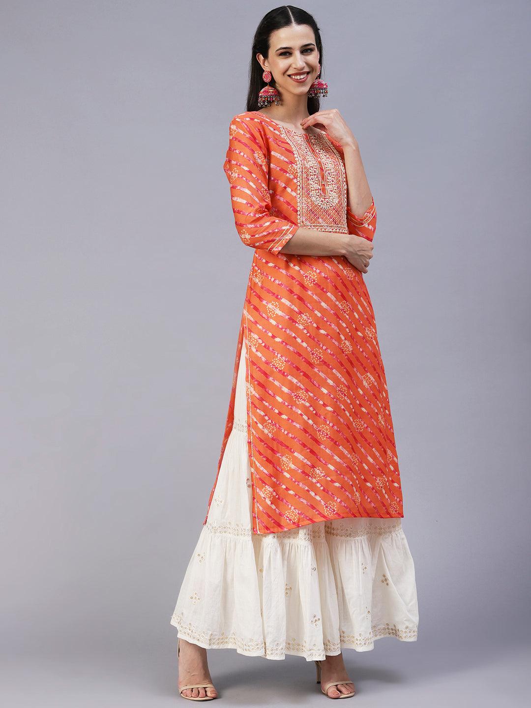 Lehriya Printed Resham Embroidered Kurta - Orange - Indiakreations