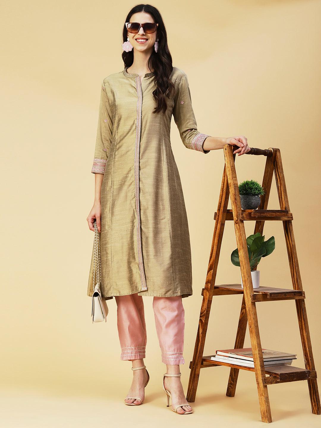 Solid Zari & Resham Embroidered Kurta - Olive - Indiakreations