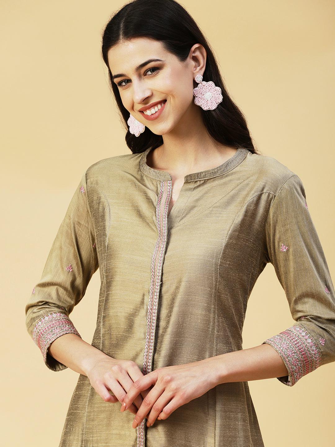 Solid Zari & Resham Embroidered Kurta - Olive - Indiakreations