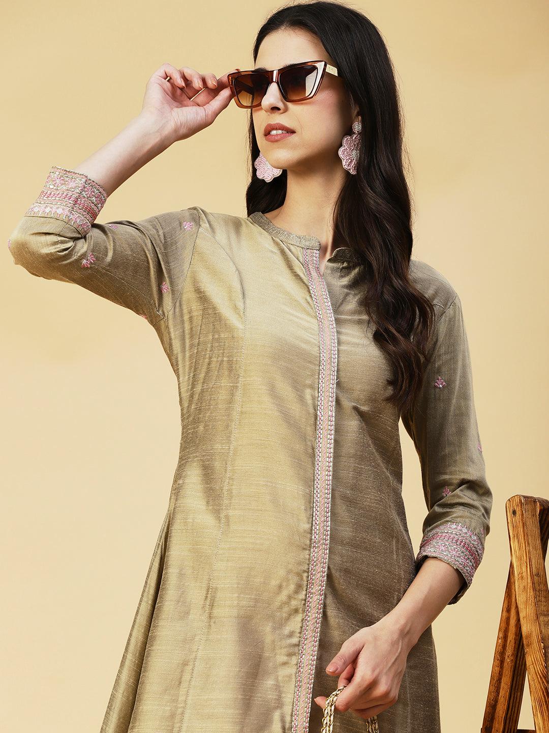 Solid Zari & Resham Embroidered Kurta - Olive - Indiakreations