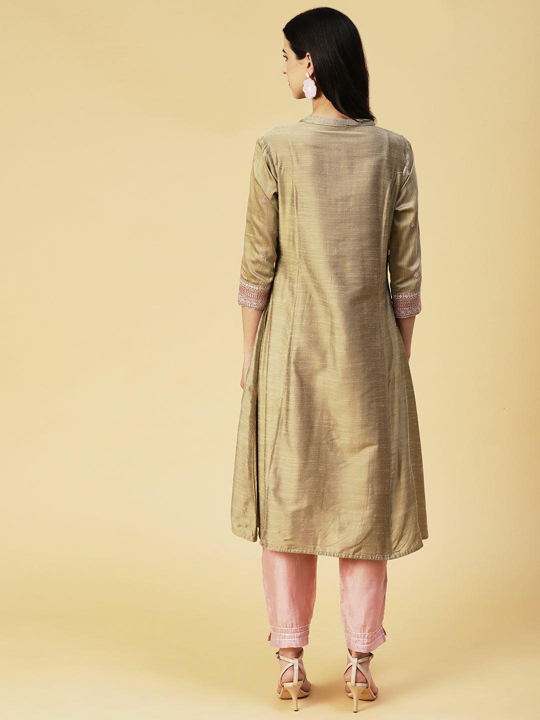 Solid Zari & Resham Embroidered Kurta - Olive - Indiakreations