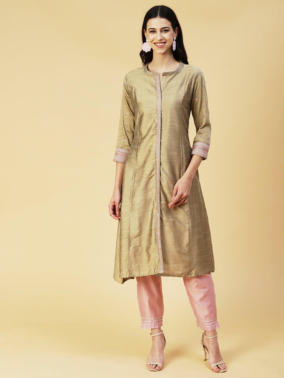 Solid Zari & Resham Embroidered Kurta - Olive - Indiakreations