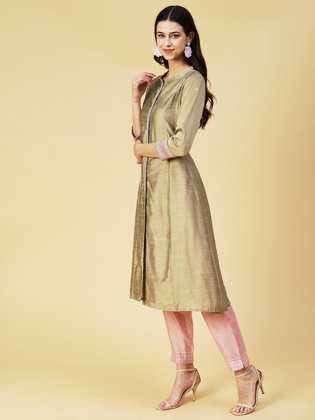 Solid Zari & Resham Embroidered Kurta - Olive - Indiakreations