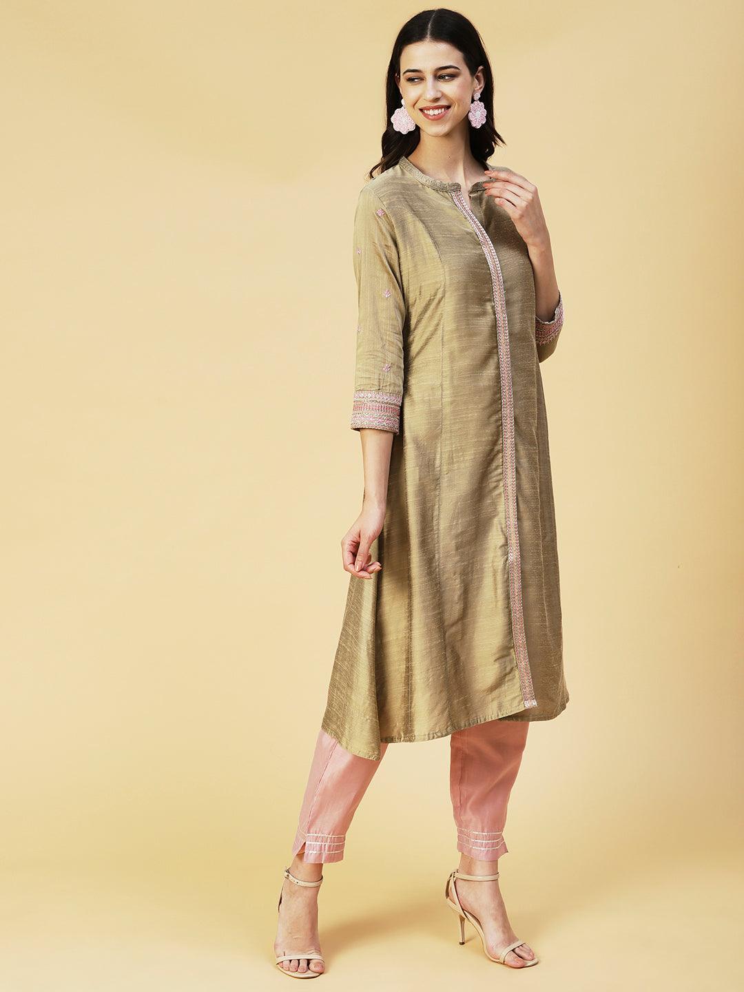 Solid Zari & Resham Embroidered Kurta - Olive - Indiakreations