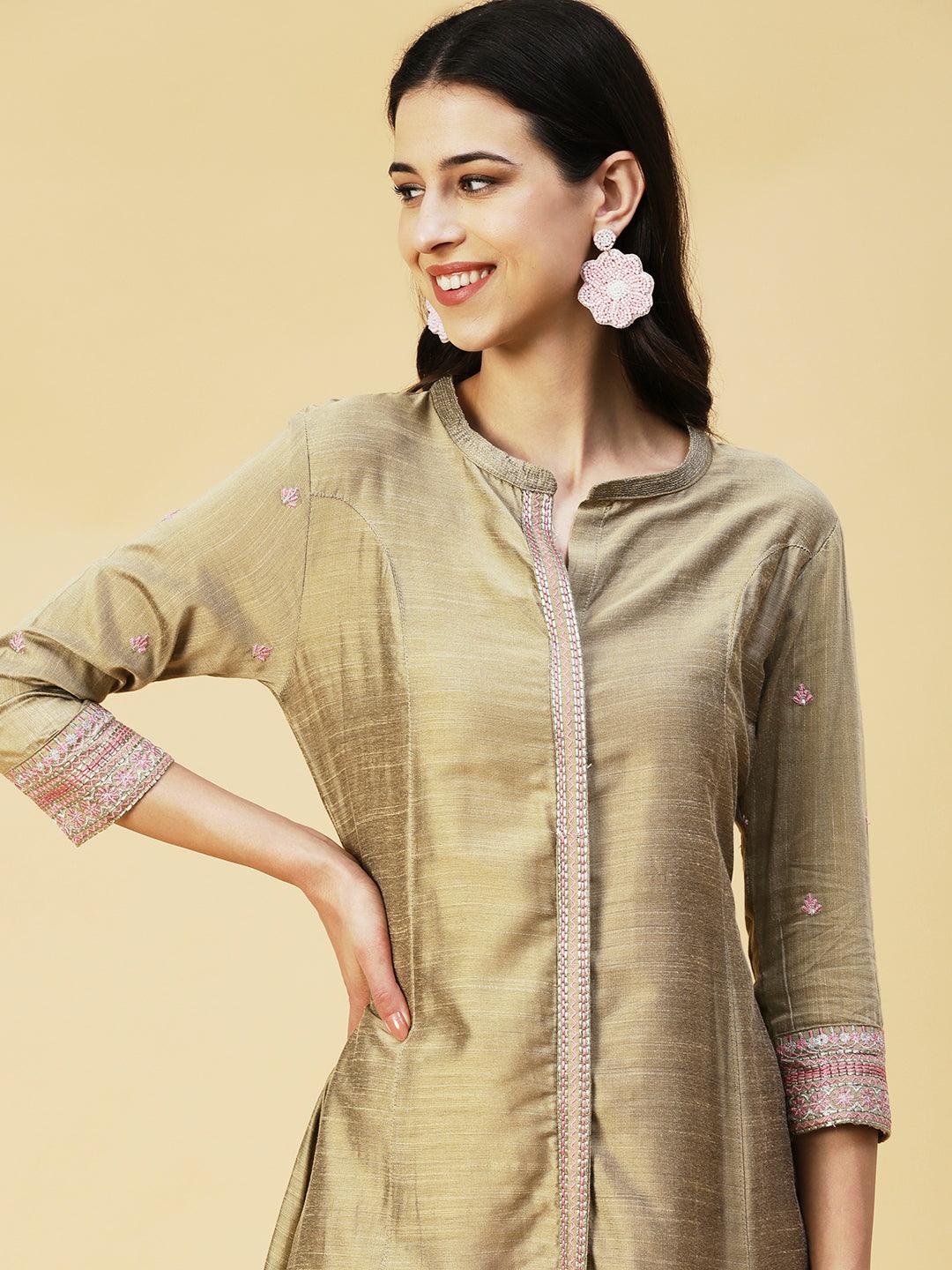 Solid Zari & Resham Embroidered Kurta - Olive - Indiakreations