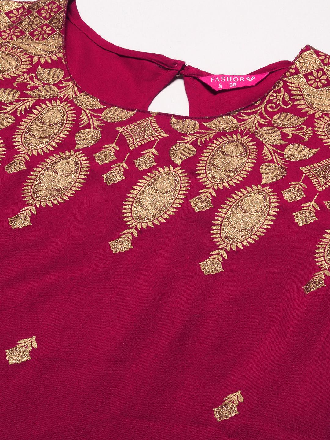 Floral Foil Printed Kurta - Maroon - Indiakreations