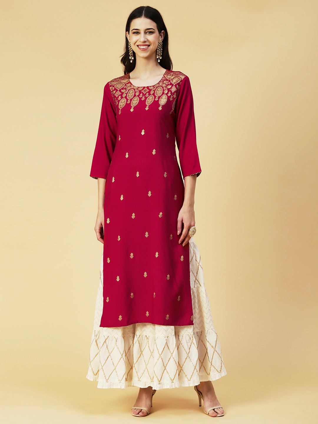 Floral Foil Printed Kurta - Maroon - Indiakreations