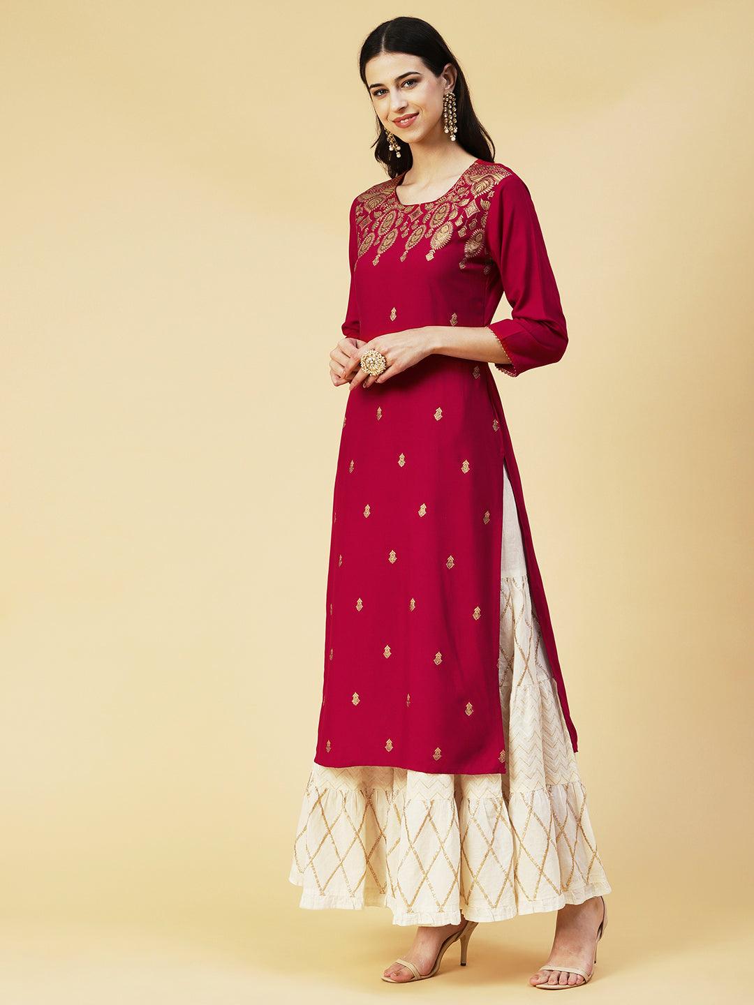 Floral Foil Printed Kurta - Maroon - Indiakreations