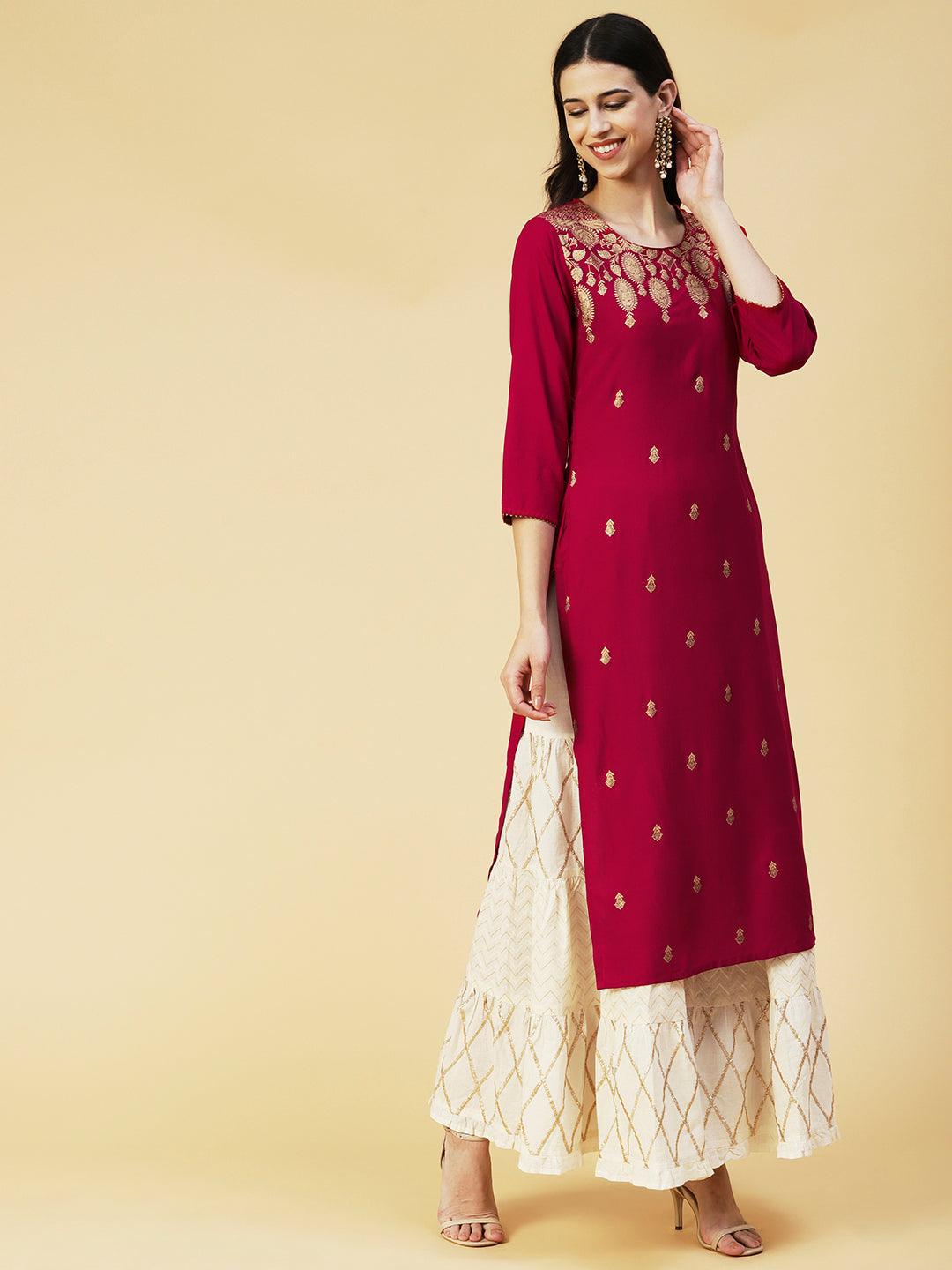 Floral Foil Printed Kurta - Maroon - Indiakreations