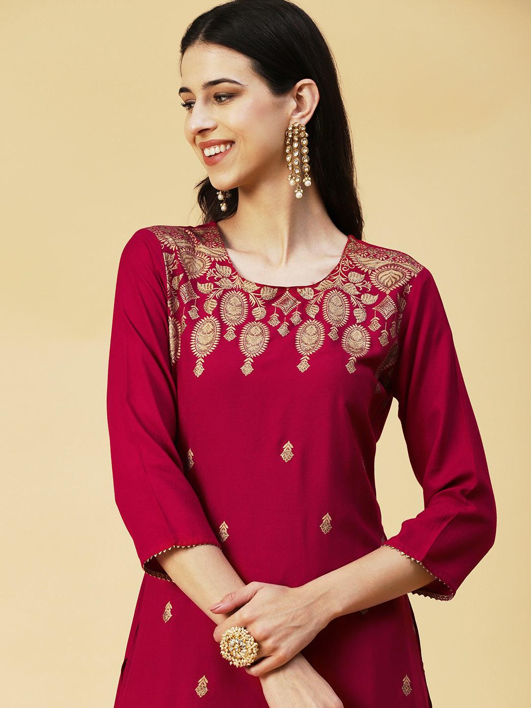 Floral Foil Printed Kurta - Maroon - Indiakreations