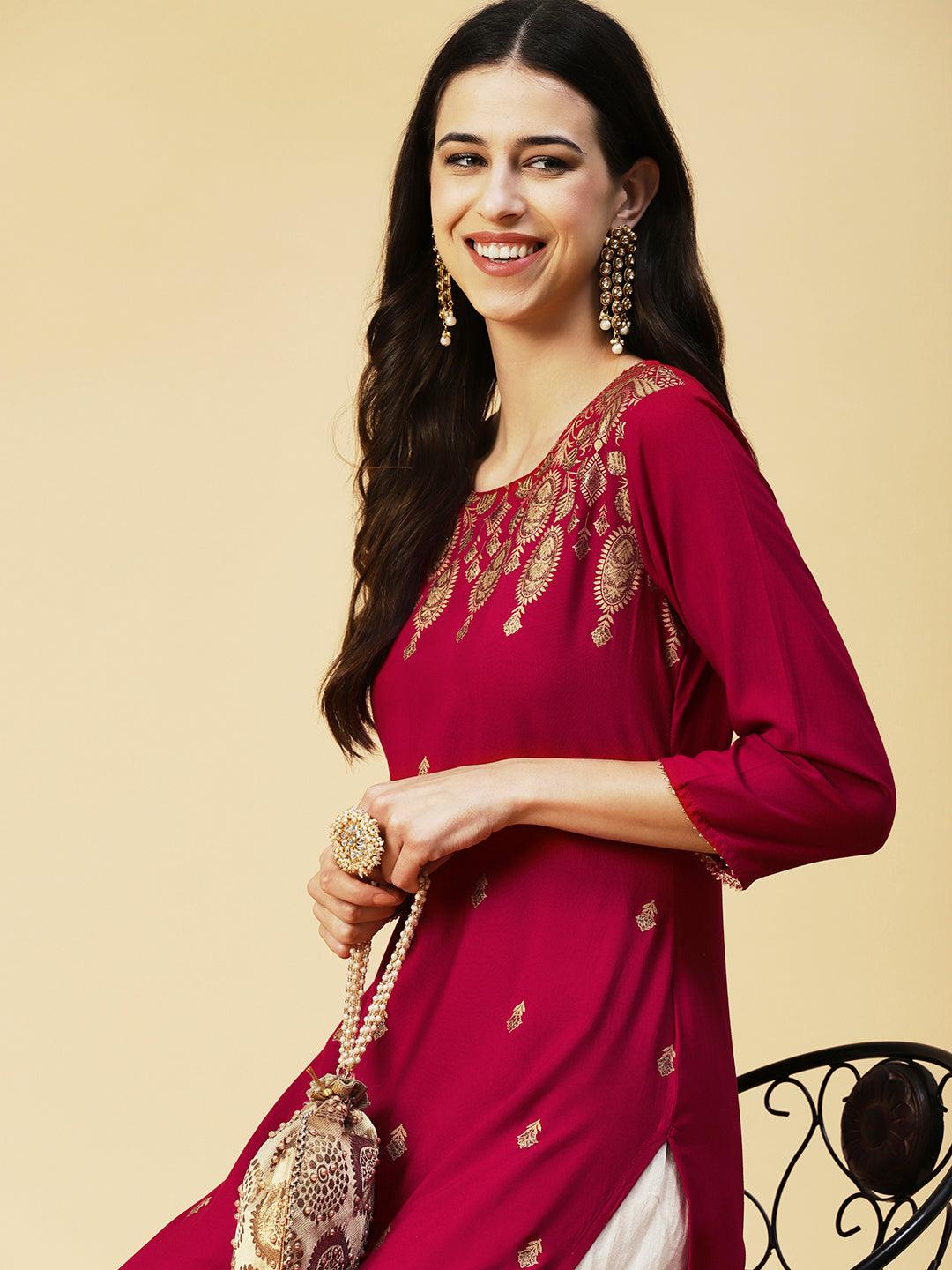 Floral Foil Printed Kurta - Maroon - Indiakreations