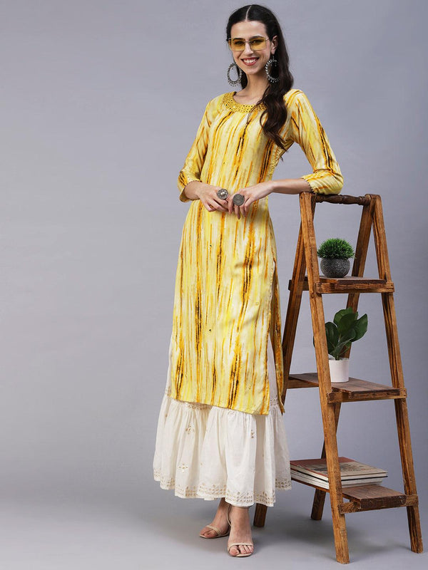 Ethnic Stripes Printed & Mirror Embroidered Straight Fit Kurta - Yellow - Indiakreations