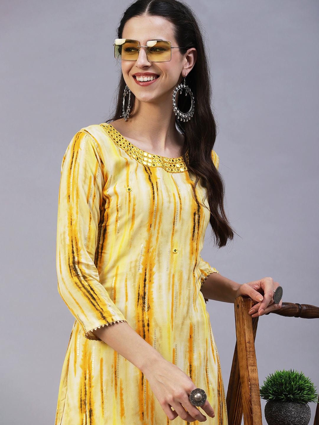 Ethnic Stripes Printed & Mirror Embroidered Straight Fit Kurta - Yellow - Indiakreations