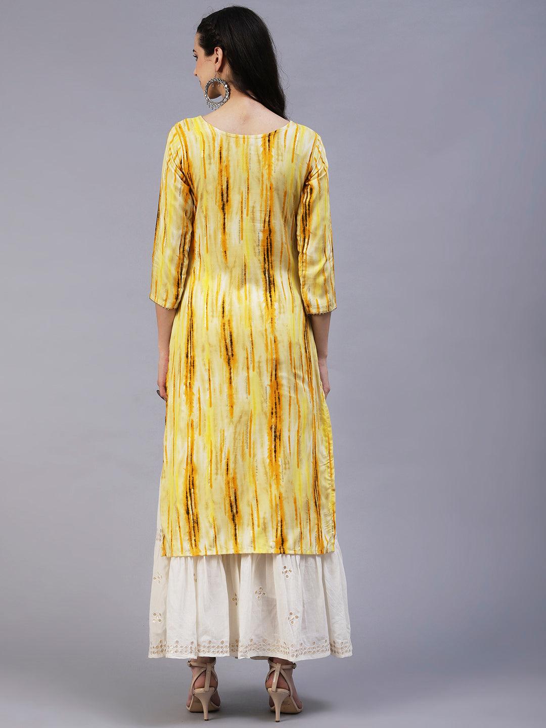 Ethnic Stripes Printed & Mirror Embroidered Straight Fit Kurta - Yellow - Indiakreations