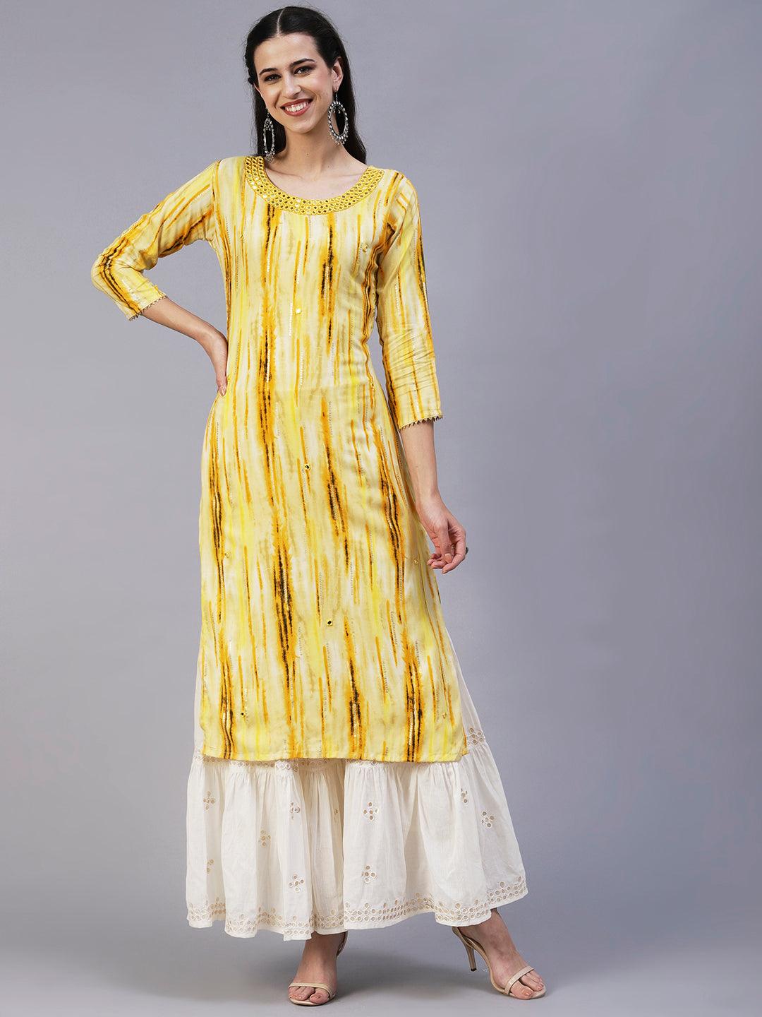 Ethnic Stripes Printed & Mirror Embroidered Straight Fit Kurta - Yellow - Indiakreations