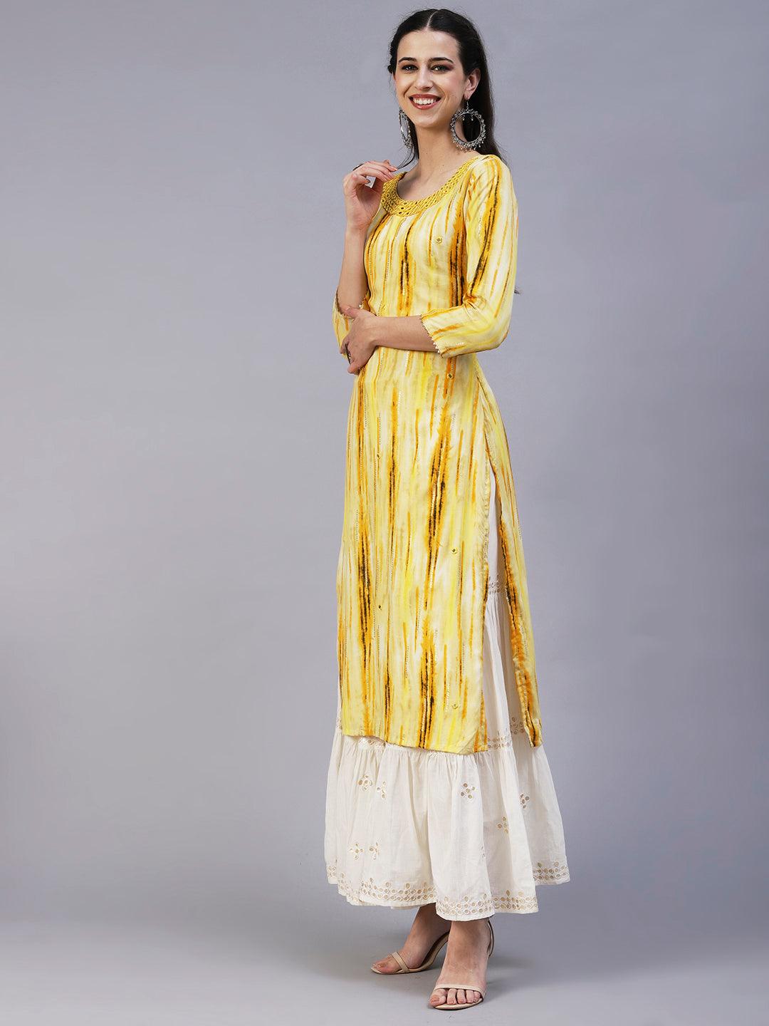 Ethnic Stripes Printed & Mirror Embroidered Straight Fit Kurta - Yellow - Indiakreations