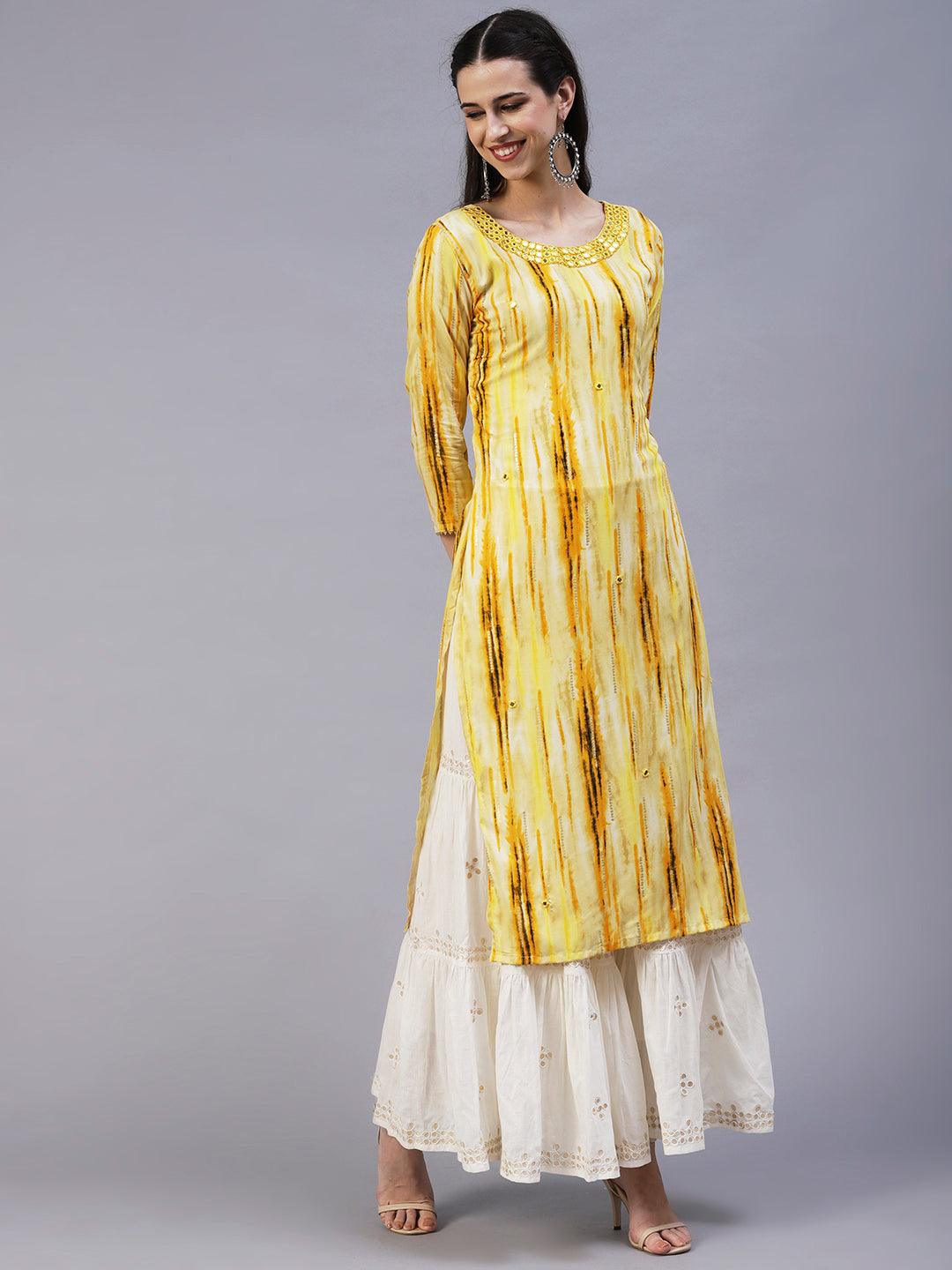 Ethnic Stripes Printed & Mirror Embroidered Straight Fit Kurta - Yellow - Indiakreations