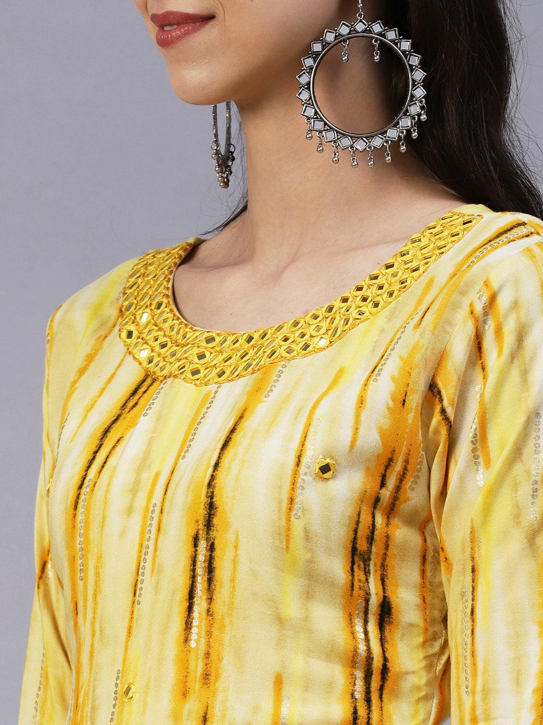 Ethnic Stripes Printed & Mirror Embroidered Straight Fit Kurta - Yellow - Indiakreations