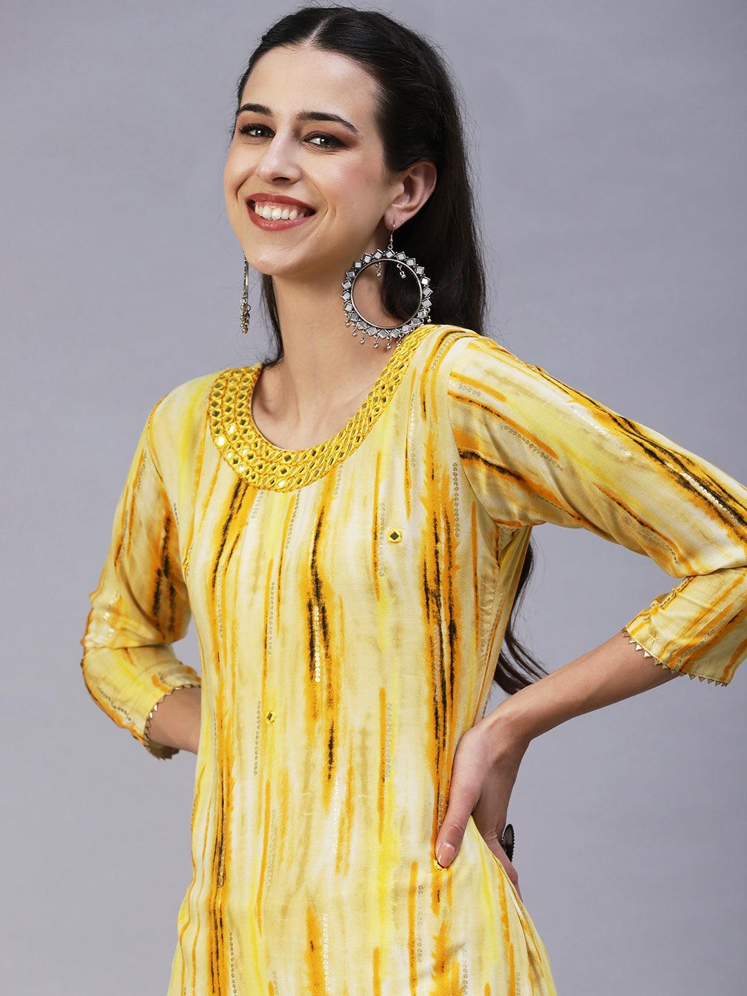 Ethnic Stripes Printed & Mirror Embroidered Straight Fit Kurta - Yellow - Indiakreations