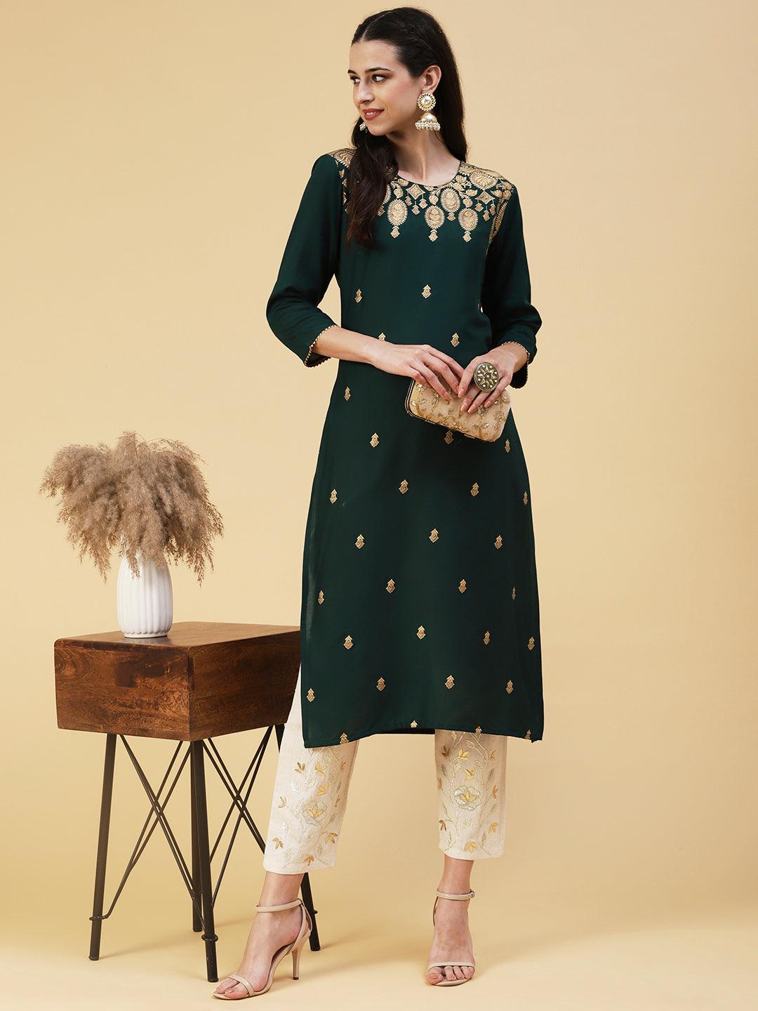 Floral Foil Printed Kurta - Green - Indiakreations