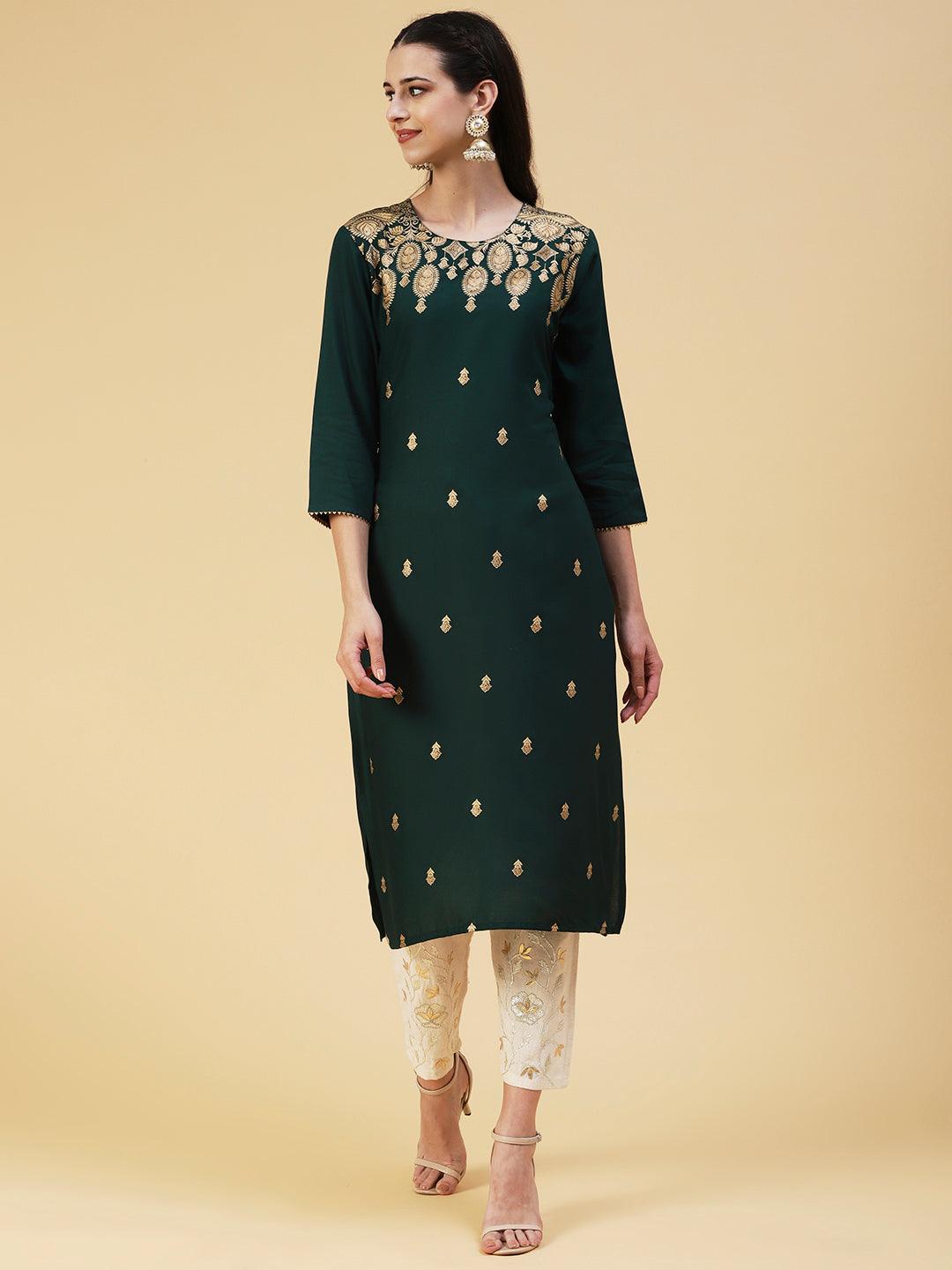 Floral Foil Printed Kurta - Green - Indiakreations