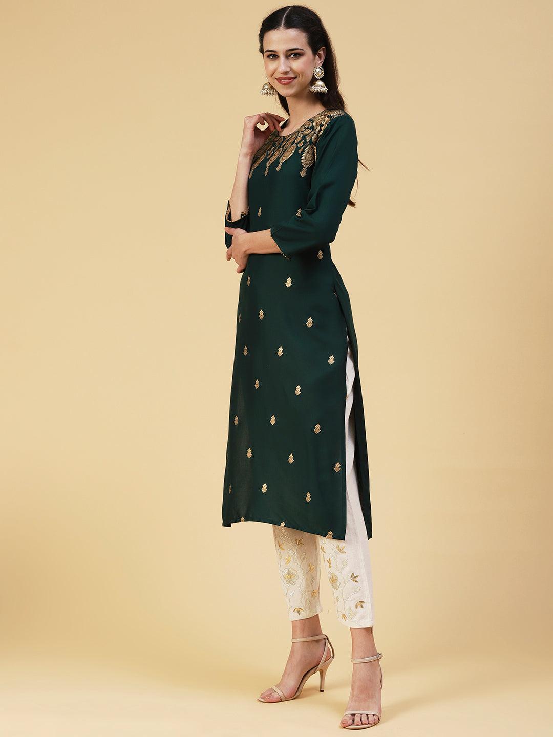 Floral Foil Printed Kurta - Green - Indiakreations