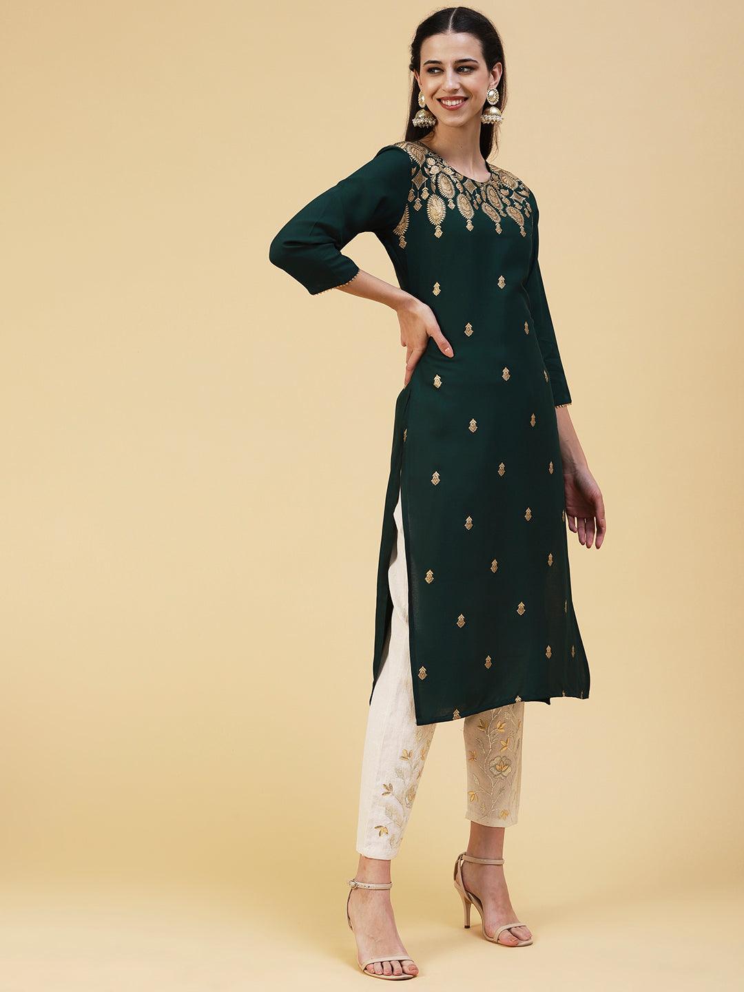 Floral Foil Printed Kurta - Green - Indiakreations