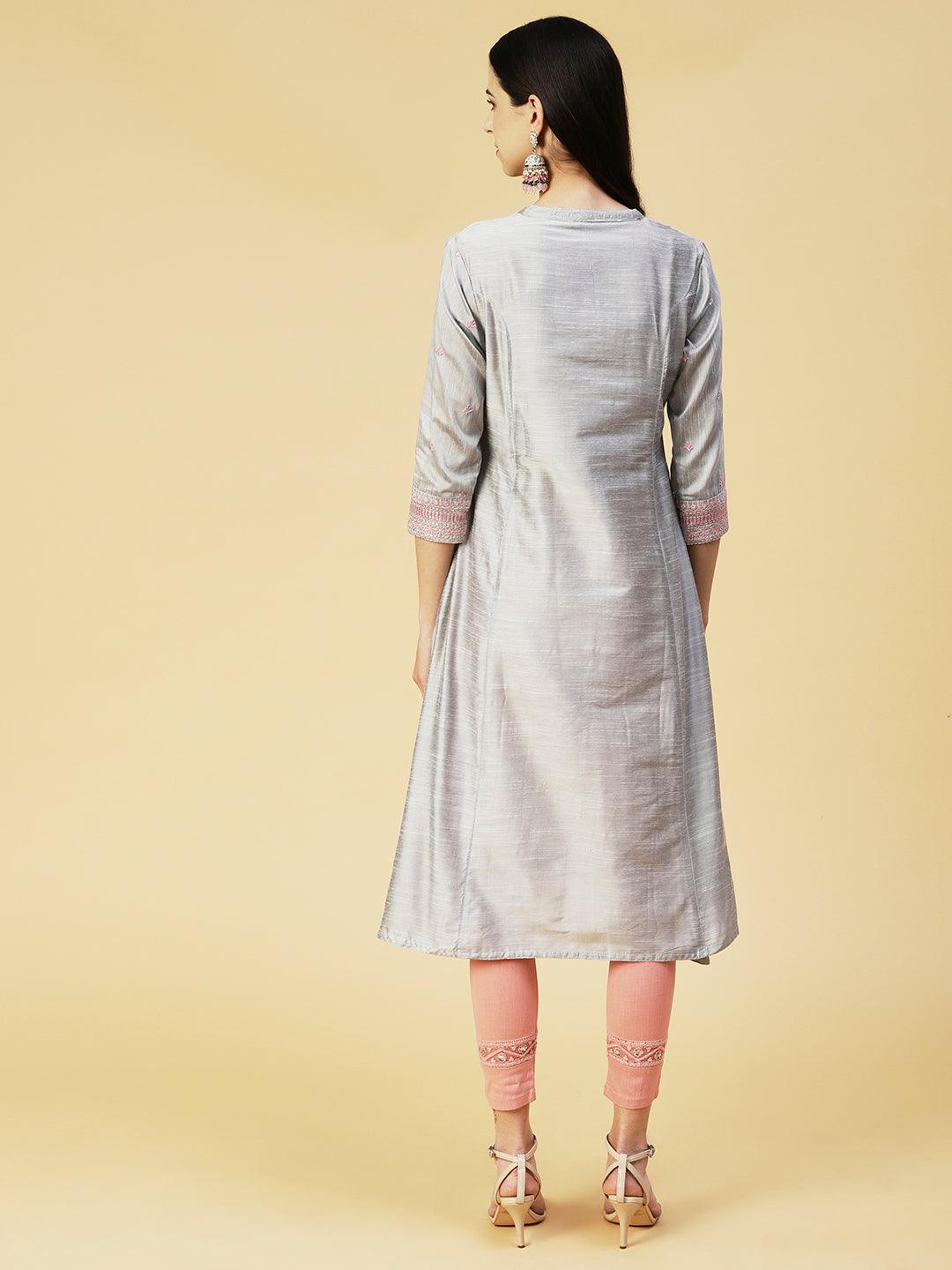 Solid Zari & Resham Embroidered Kurta - Steel Grey - Indiakreations