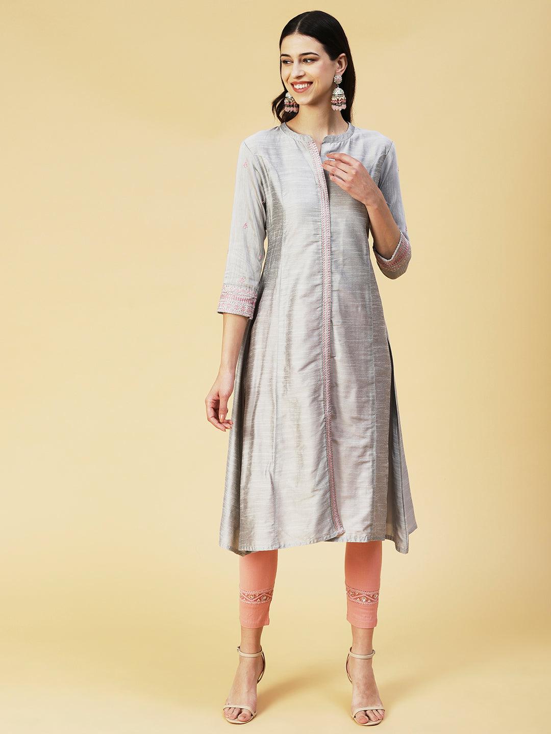 Solid Zari & Resham Embroidered Kurta - Steel Grey - Indiakreations