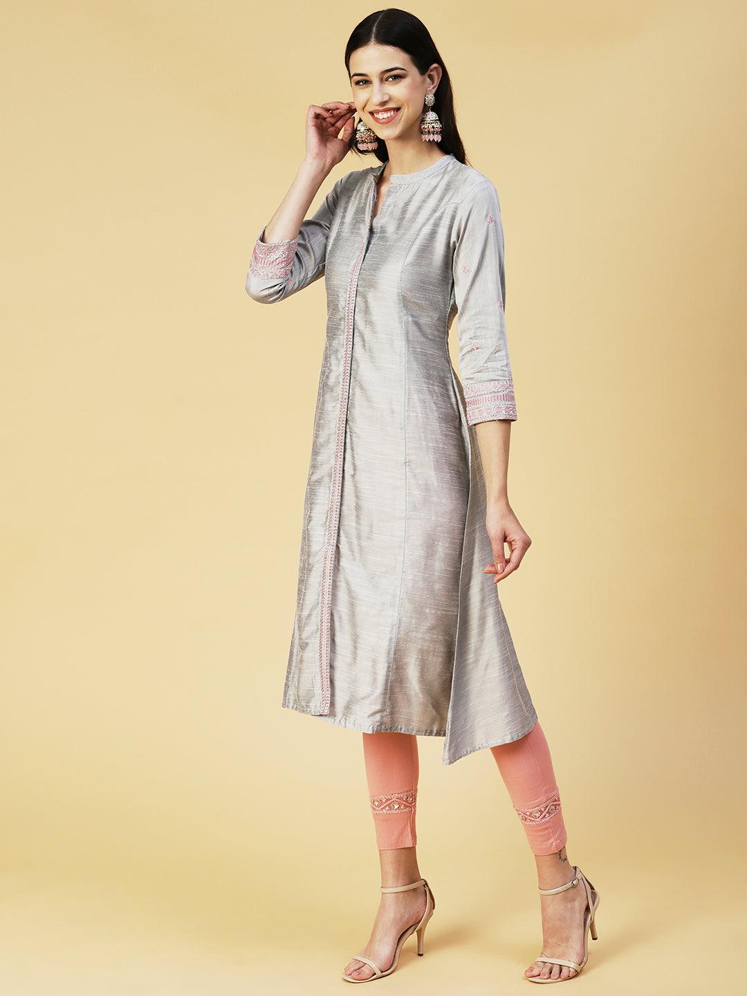 Solid Zari & Resham Embroidered Kurta - Steel Grey - Indiakreations