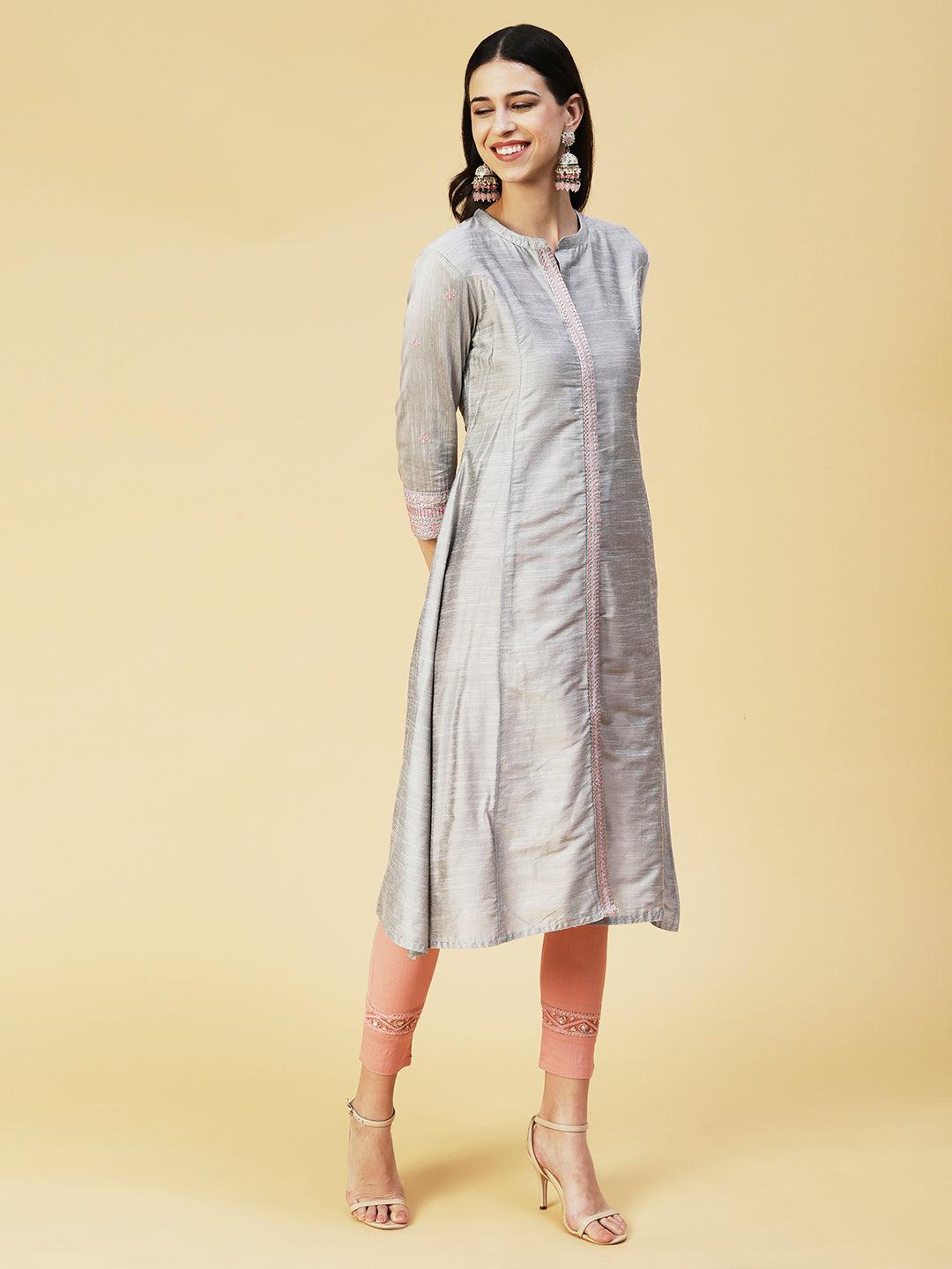 Solid Zari & Resham Embroidered Kurta - Steel Grey - Indiakreations