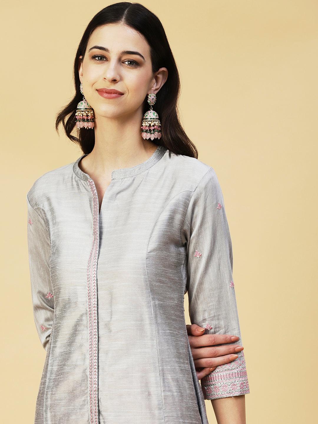 Solid Zari & Resham Embroidered Kurta - Steel Grey - Indiakreations