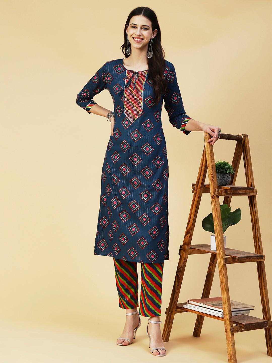 Bandhani Printed Mirror Embroidered Kurta With Lehriya Pants - Blue - Indiakreations