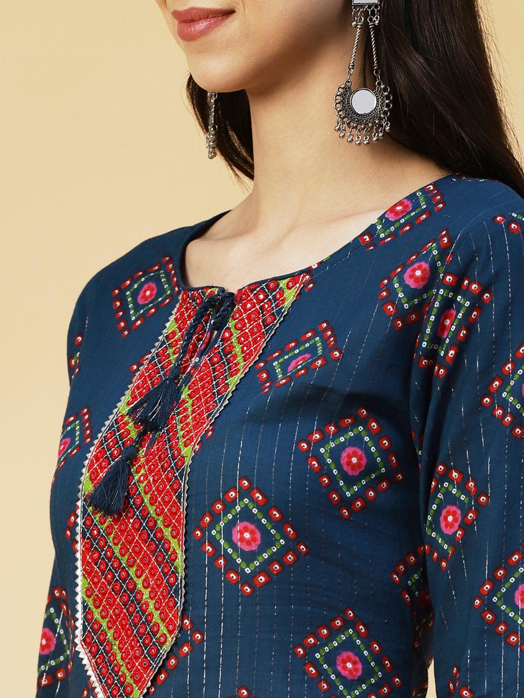 Bandhani Printed Mirror Embroidered Kurta With Lehriya Pants - Blue - Indiakreations