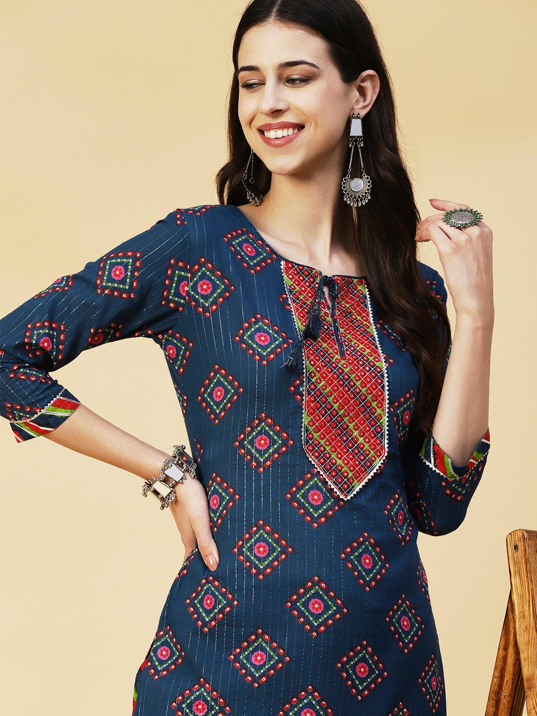 Bandhani Printed Mirror Embroidered Kurta With Lehriya Pants - Blue - Indiakreations